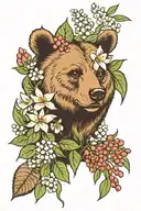 bear face with lily of the valley and hawthorn flowers tattoo design idea