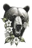 bear face with lily of the valley and hawthorn flowers tattoo design idea