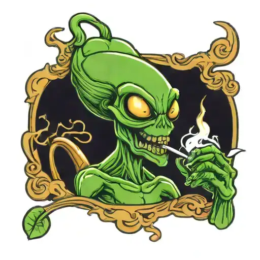 cartoon  alien smoking a joint tattoo design idea