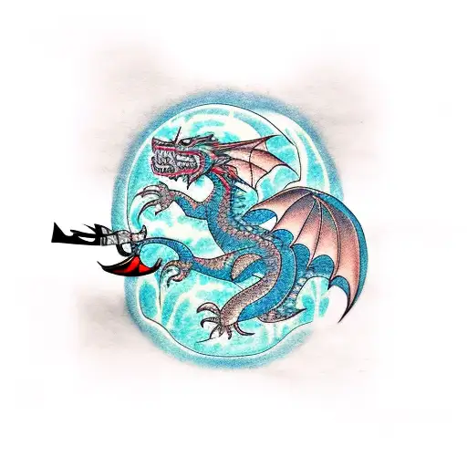 Collage of favorite things with a dragon and hunting weapons tattoo design idea