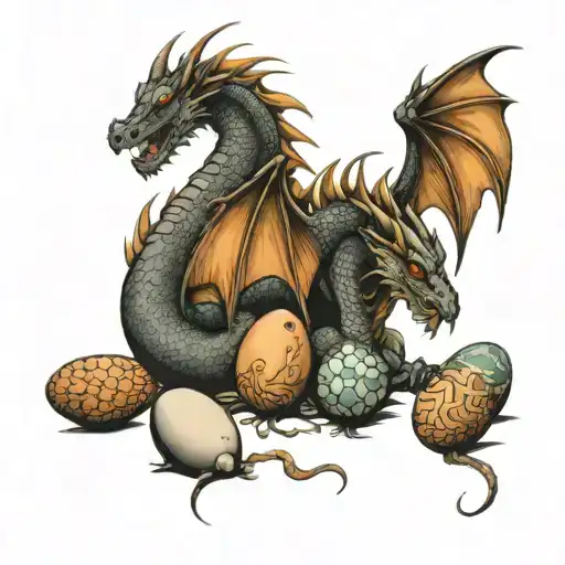 Dragon and 5 eggs, daddy, wings tattoo design idea