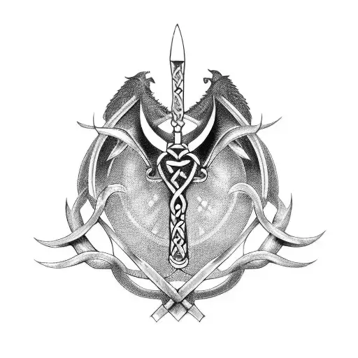 A Celtic dragon and Viking battle axe combined into a unique design in blackwork style tattoo design idea