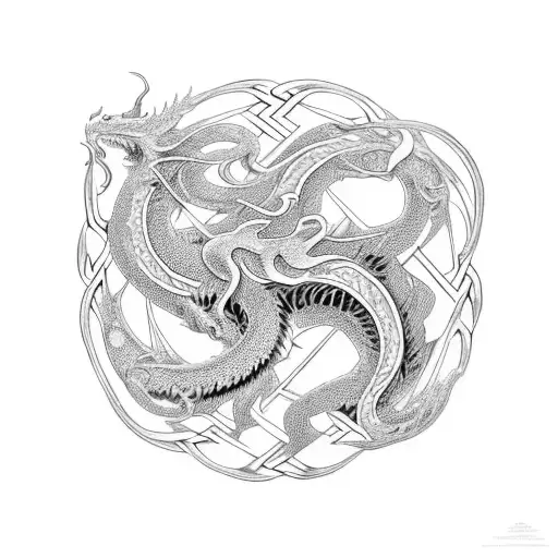 Intricate Celtic knotwork intertwined with a fierce dragon in a dotwork style tattoo design idea