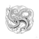 Intricate Celtic knotwork intertwined with a fierce dragon in a dotwork style tattoo design idea