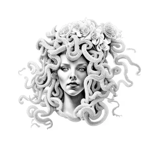 A black and grey portrait of Medusa surrounded by flowers tattoo design idea
