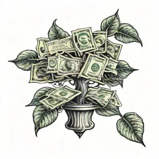 A money tree growing dollar bills tattoo design idea