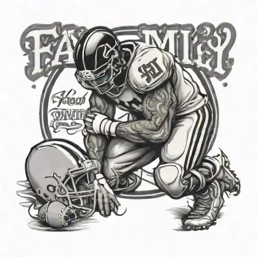 A black-grey tattoo of a football player kneeling in prayer, with the word 'family' written in cursive above, symbolizing the client's devotion to both football and family values tattoo design idea