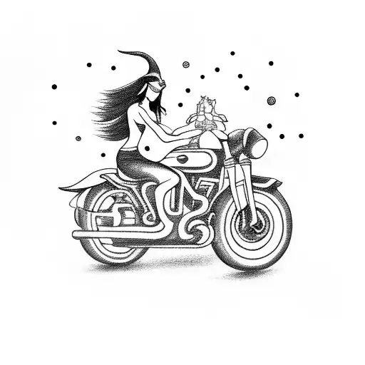 A mystical witch riding a motorcycle through a starry night sky tattoo design idea