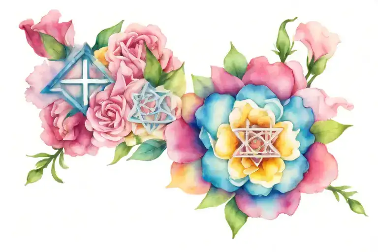 wrist tatto with carnation flower, christian cross, star of david, double infinity symbol tattoo design idea