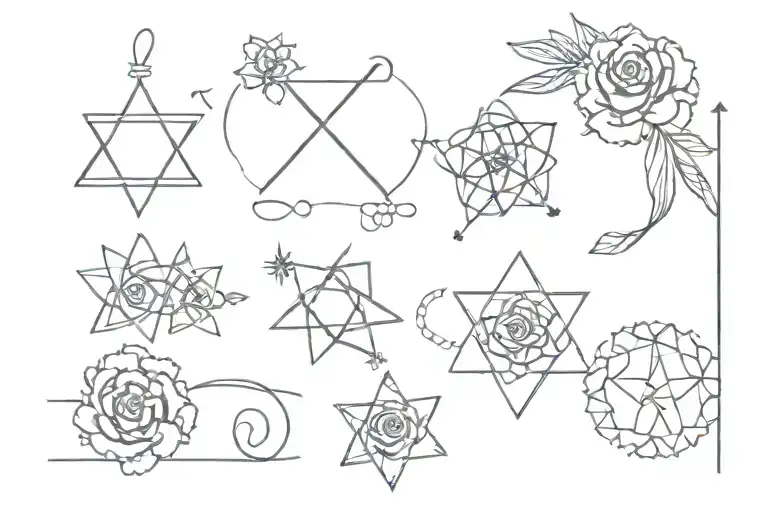 wrist tatto with carnation flower, christian cross, star of david, double infinity symbol tattoo design idea