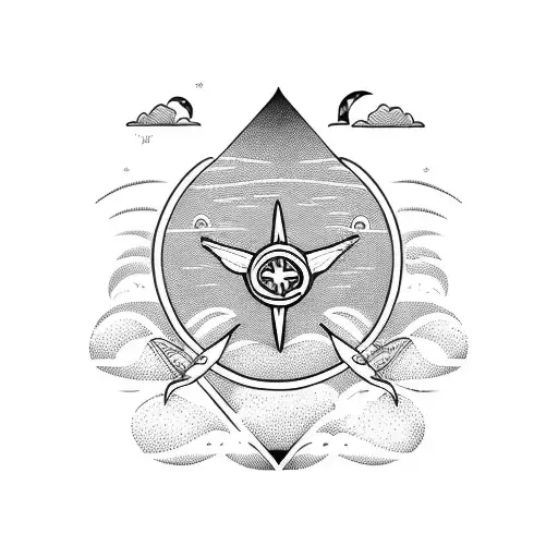 A paraglider soaring over a religious symbol, with ocean waves in the background tattoo design idea