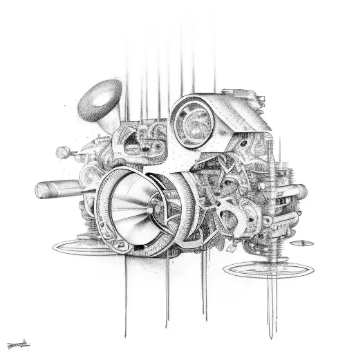 tear in the skin with draws related to cars/motors and metal/drums tattoo design idea