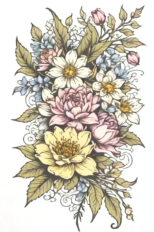 carnation, Daisy, water lily, holly, narcissus tattoo design idea