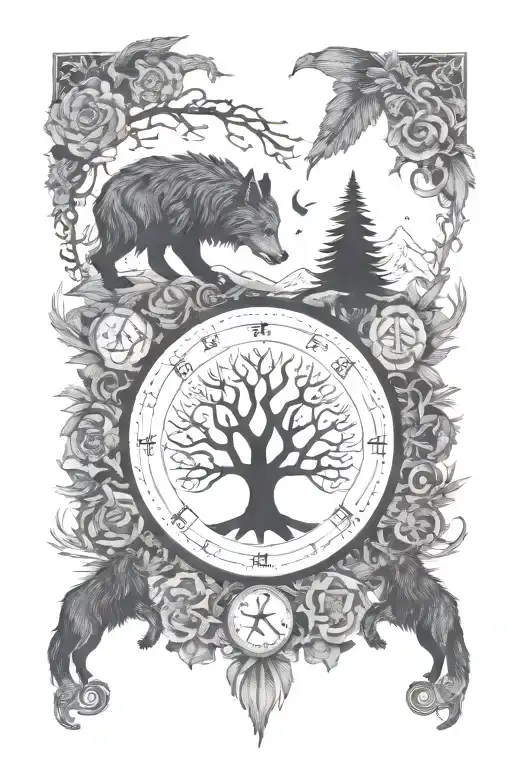 Incorporate the Vegvisir, yggdrasil and fenrir symbol into a blackwork design inspired by Norse and hindu mythology tattoo design idea