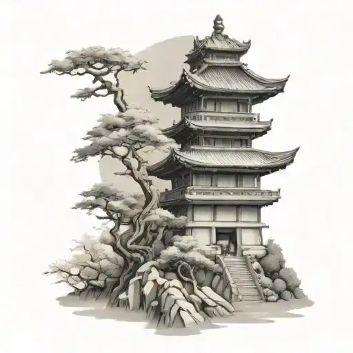 ancient japanese tower tattoo design idea