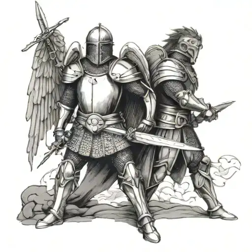 A knight in shining armor standing guard as a guardian angel watches over, symbolizing protection and strength tattoo design idea
