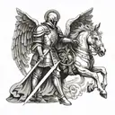 A knight in shining armor standing guard as a guardian angel watches over, symbolizing protection and strength tattoo design idea