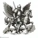 A knight in shining armor standing guard as a guardian angel watches over, symbolizing protection and strength tattoo design idea