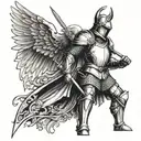 A knight in shining armor standing guard as a guardian angel watches over, symbolizing protection and strength tattoo design idea