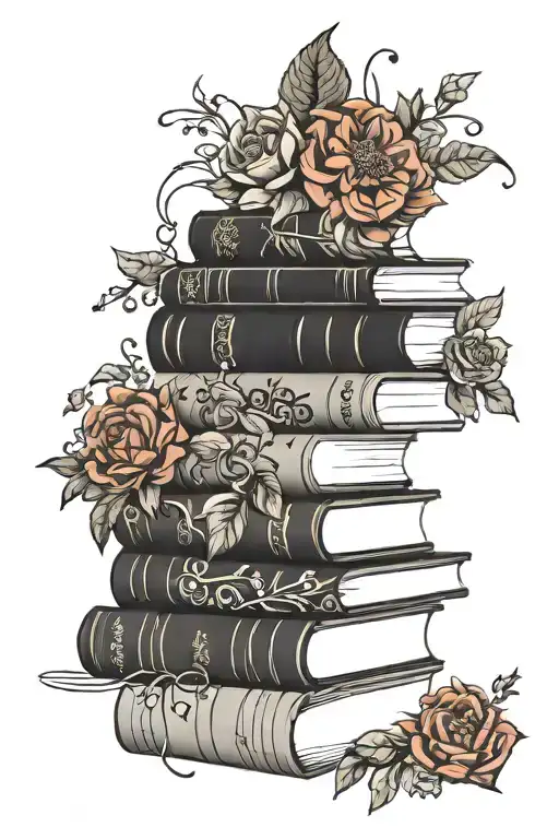 stack of books with flowers and vines  tattoo design idea