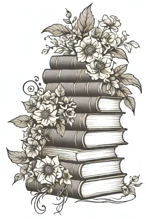 stack of books with flowers and vines  tattoo design idea