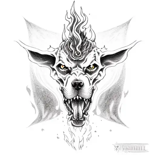 satanic hell hound with fire tattoo design idea