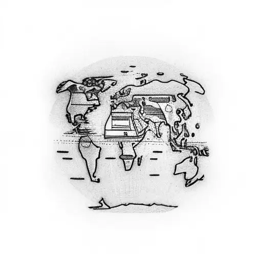 A black-grey tattoo of a vintage airplane flying over a world map, symbolizing the client's love for travel and their occupation as an airline pilot. tattoo design idea