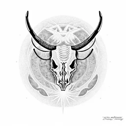 A dotwork tattoo of a Texas longhorn skull with a sun and sea waves incorporated, symbolizing the client's connection to Texas and their love for the sun and sea. tattoo design idea