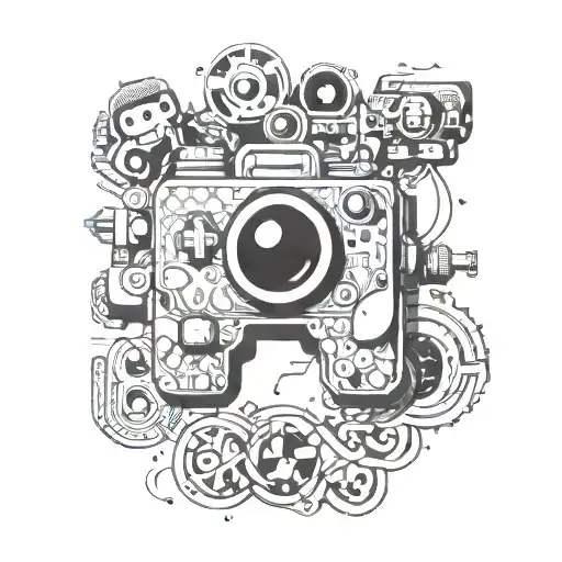 A pixelated video game controller intertwined with a camera lens, surrounded by cartoon characters tattoo design idea