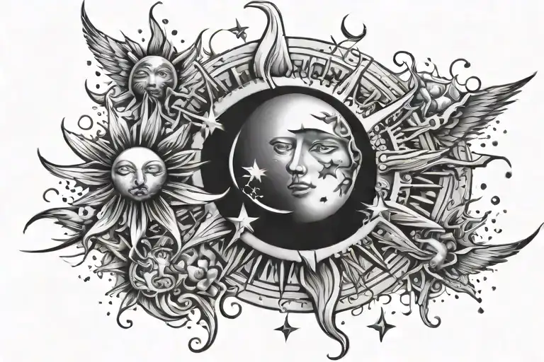 Sun and moon with shooting stars and wispes  tattoo design idea