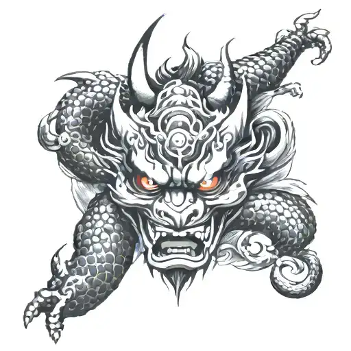 japanese dragon and oni mask surrounded in forearm tattoo design idea