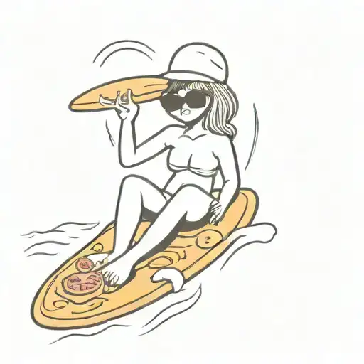 a slice of pizza on a surfboard on a mozzarella wave. A slice of pizza is wearing a bikini and sunglasses tattoo design idea