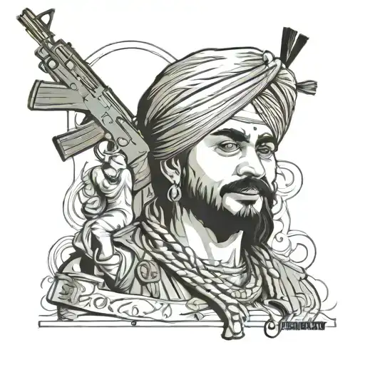 Forearm tattoo: Sidhu Moosewala portrait, AK-47 with Sant Bhindranwala silhouette, Kaulgarh map tattoo design idea