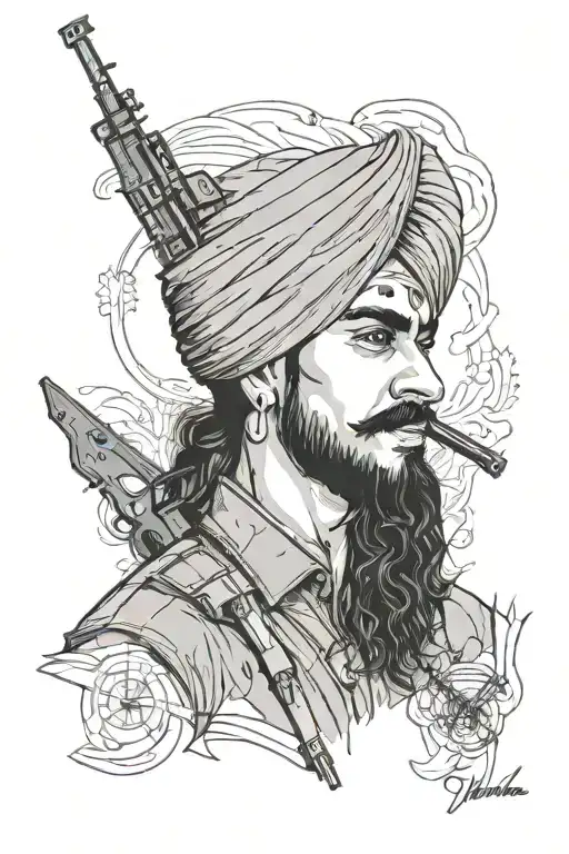 Forearm tattoo: Sidhu Moosewala portrait, AK-47 with Sant Bhindranwala silhouette, Kaulgarh map tattoo design idea