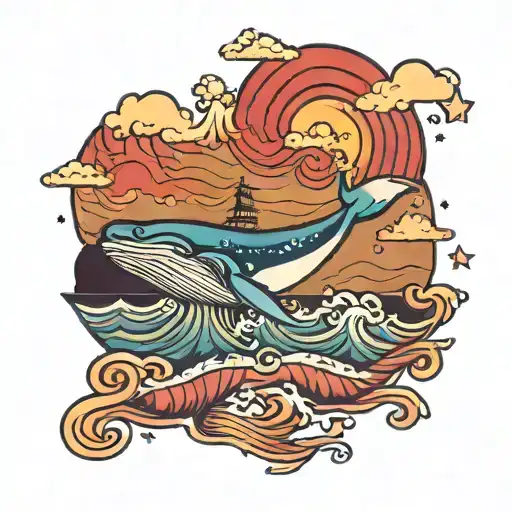 Color tattoo, fantasy, whale entering the sea, waves, beautiful clouds, stars  tattoo design idea