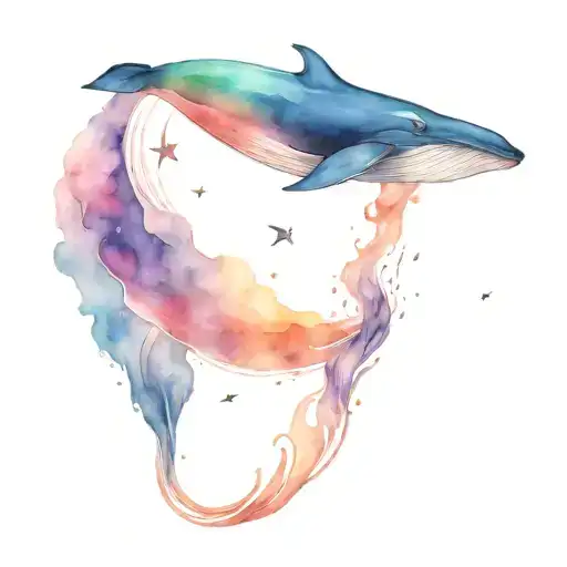 Color tattoo, fantasy, whale entering the sea, waves, beautiful clouds, stars  tattoo design idea