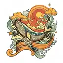 Color tattoo, fantasy, whale entering the sea, waves, beautiful clouds, stars  tattoo design idea
