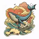 Color tattoo, fantasy, whale entering the sea, waves, beautiful clouds, stars  tattoo design idea