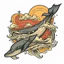 Color tattoo, fantasy, whale entering the sea, waves, beautiful clouds, stars  tattoo design idea