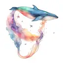 Color tattoo, fantasy, whale entering the sea, waves, beautiful clouds, stars  tattoo design idea