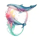Color tattoo, fantasy, whale entering the sea, waves, beautiful clouds, stars  tattoo design idea