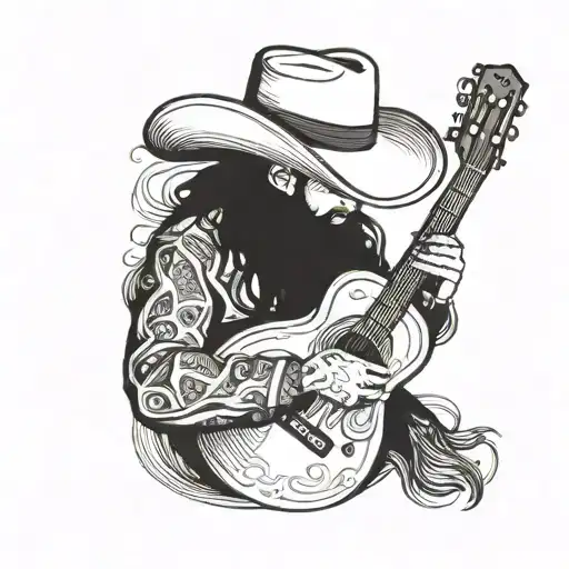 A Spanish flamenco guitarist with long hair, a beard, cigarette, and cowboy hat, his face obscured. tattoo design idea