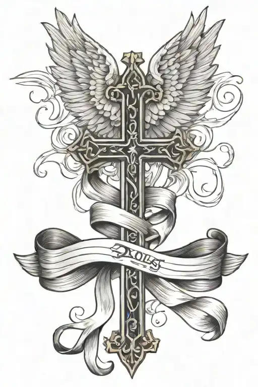cross with wings and ribbon going through it  tattoo design idea