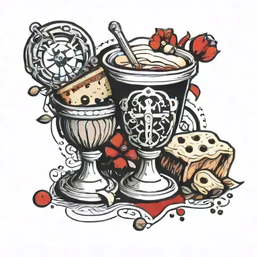 communion cup, bread, and red poppi abstract tattoo design idea