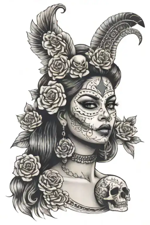 Beautiful woman face with Calaveras con mayas tattoo design idea