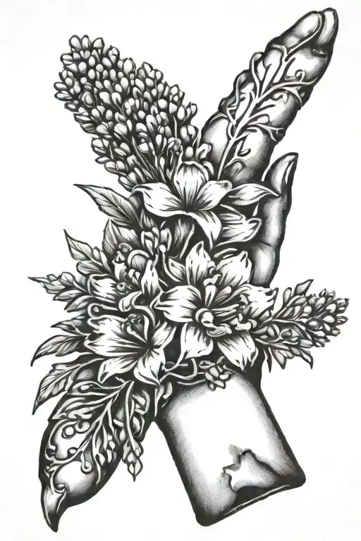 dr dooms metal hand holding lavander flower bouquet tattoo design idea