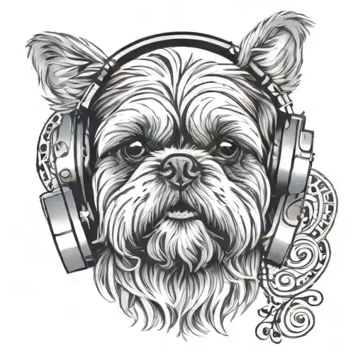 A realistic portrait of a Shih Tzu wearing headphones surrounded by musical notes tattoo design idea