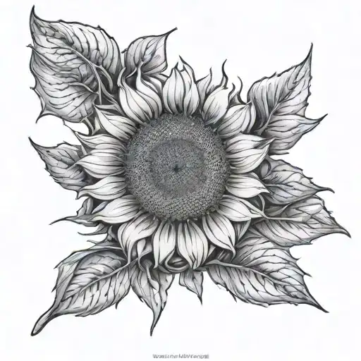 A detailed black and grey tattoo of a sunflower field with a hidden running track tattoo design idea