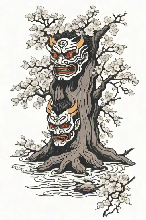 cherry blossom tree, waterfall, oni mask tattoo design idea