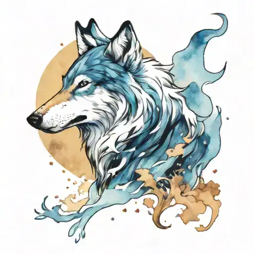 Blue and white water color wolf howling tattoo design idea